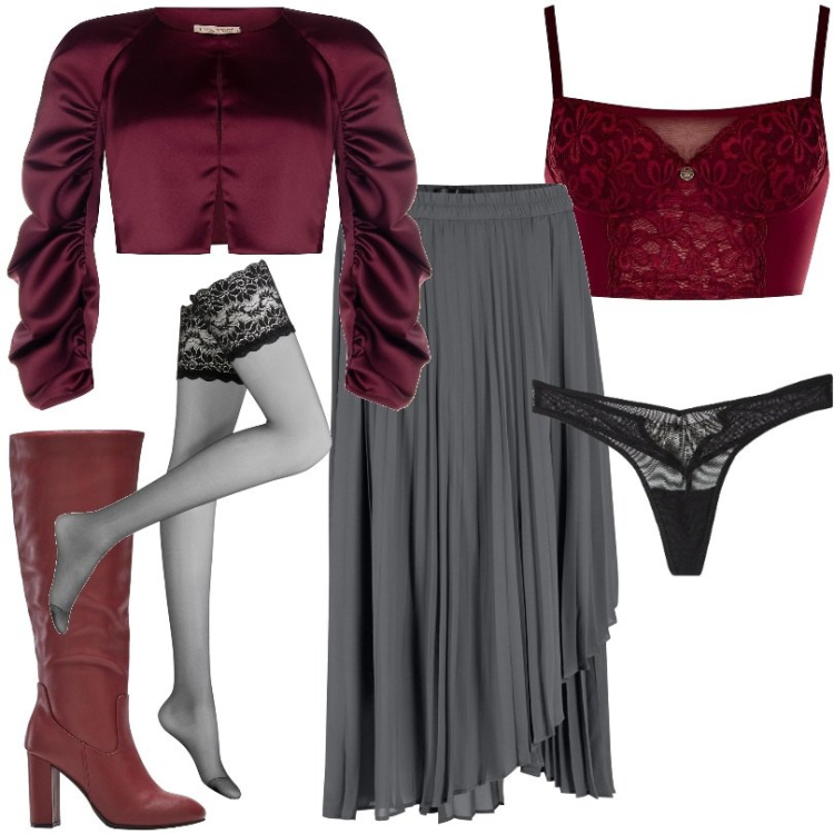Outfit donna - Sexy sotto la gonna. Stile Chic per Serata fuori. Abbinamento con collant, stivali sopra il ginocchio, gonne, perizomi, culotte, bolero.