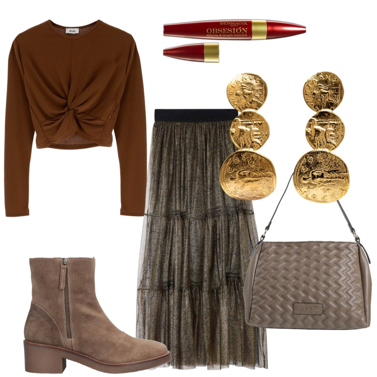 Outfit donna - Gonna in tulle. Stile Etnico per Tutti i giorni. Abbinamento con borse a mano, stivaletti, mascara, gonne, maglieria, orecchini.