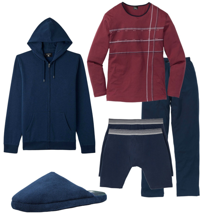 Outfit uomo - In casa. Stile Casual per Tutti i giorni. Abbinamento con abbigliamento da notte, boxer, felpe con cappuccio, pantofole.