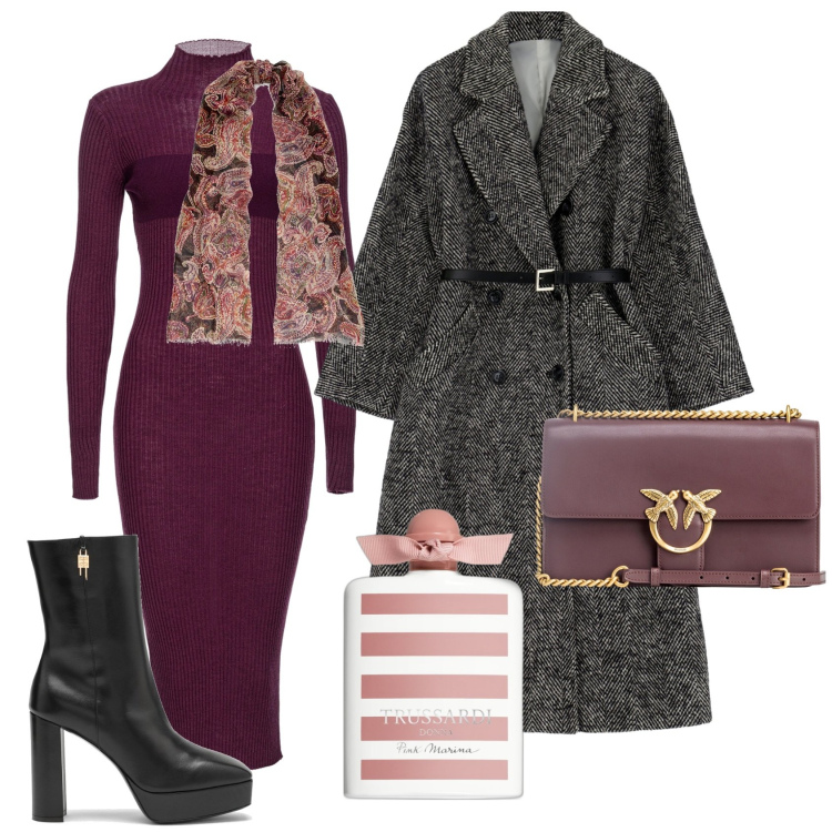Outfit donna - Total look #1807477. Stile Chic per Serata fuori. Abbinamento con profumi, vestiti lunghi, borse a tracolla, cappotti, sciarpe, stivaletti.