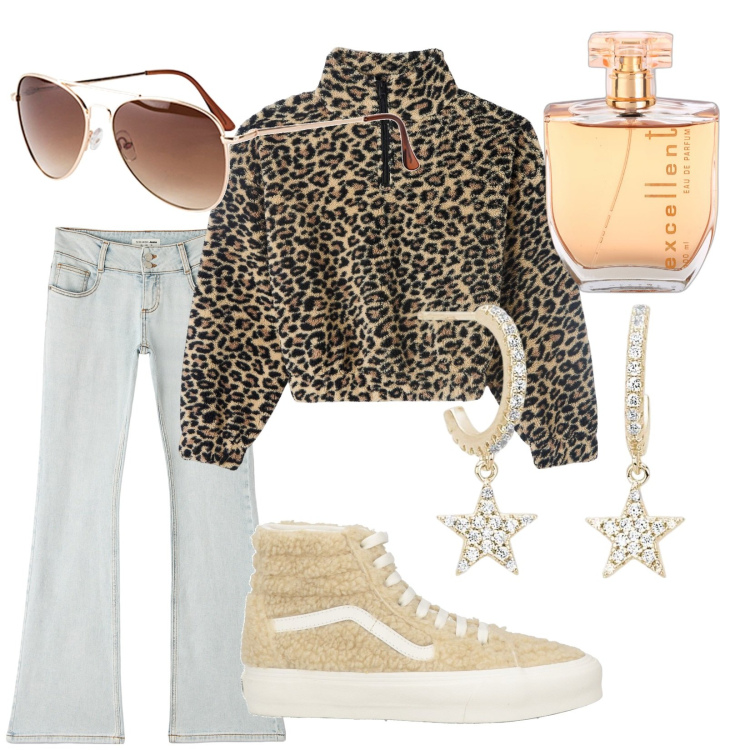 Outfit donna - Giungla urbana. Stile Urban per Tutti i giorni. Abbinamento con occhiali da sole, sneakers alte, profumi, jeans a zampa, felpe, orecchini.