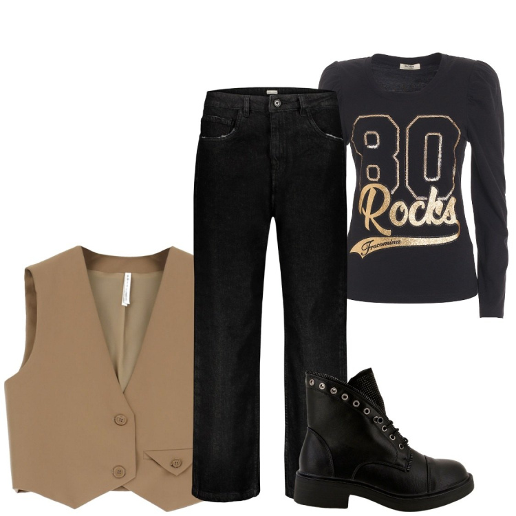 Outfit donna - Rock da tutti i giorni. Stile Rock per Tutti i giorni. Abbinamento con gilet, stivaletti, t-shirt, jeans.