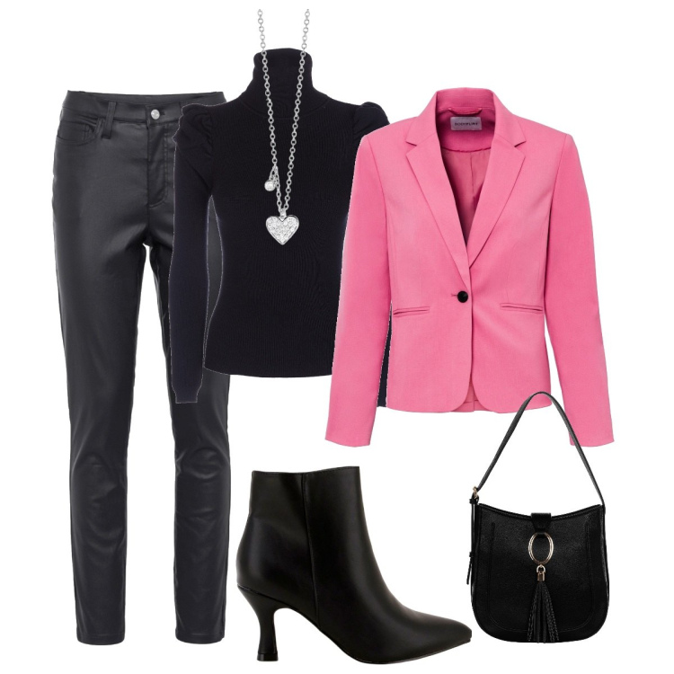 Outfit donna - La giacca di tendenza. Stile Trendy per Tutti i giorni. Abbinamento con blazer, pantaloni skinny, collane, borse a spalla, maglieria, stivaletti.
