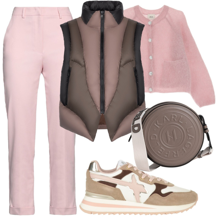 Outfit donna - Pink 3. Stile Casual per Scuola/Università. Abbinamento con sneakers, pantaloni, borse a tracolla, cardigans, piumini.