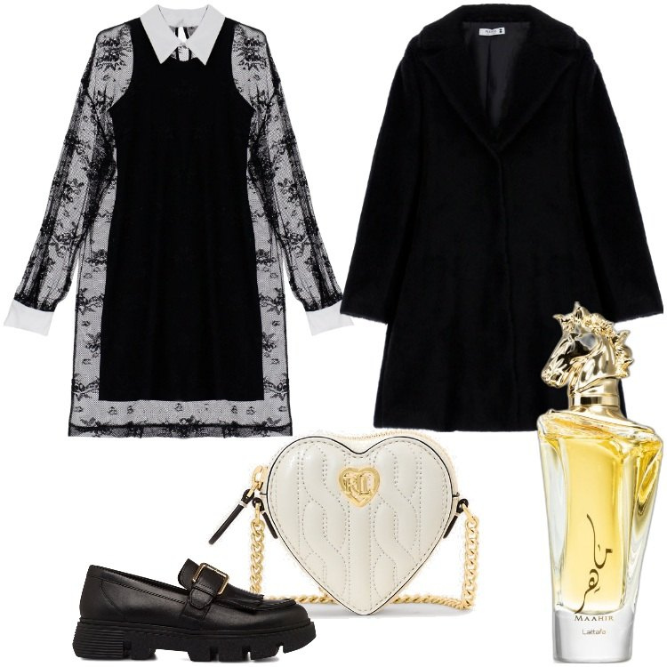 Outfit donna - Be My Valentine-Gennaio. Stile Trendy per Serata fuori. Abbinamento con profumi, cappotti, vestiti corti, pochette, mocassini.