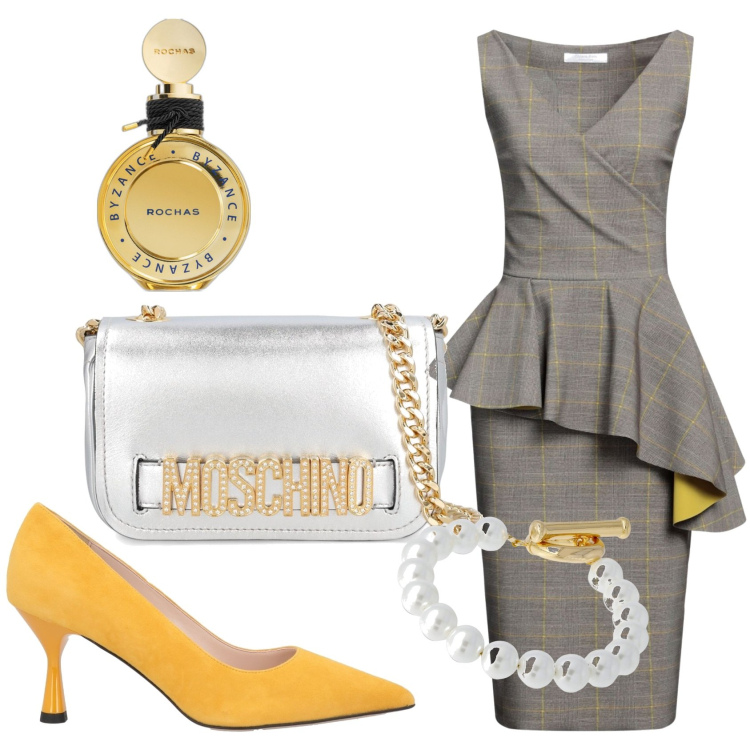 Outfit donna - Dress code. Stile Chic per Ufficio. Abbinamento con vestiti midi/longuette, décolleté, profumi, braccialetti, borse a spalla.