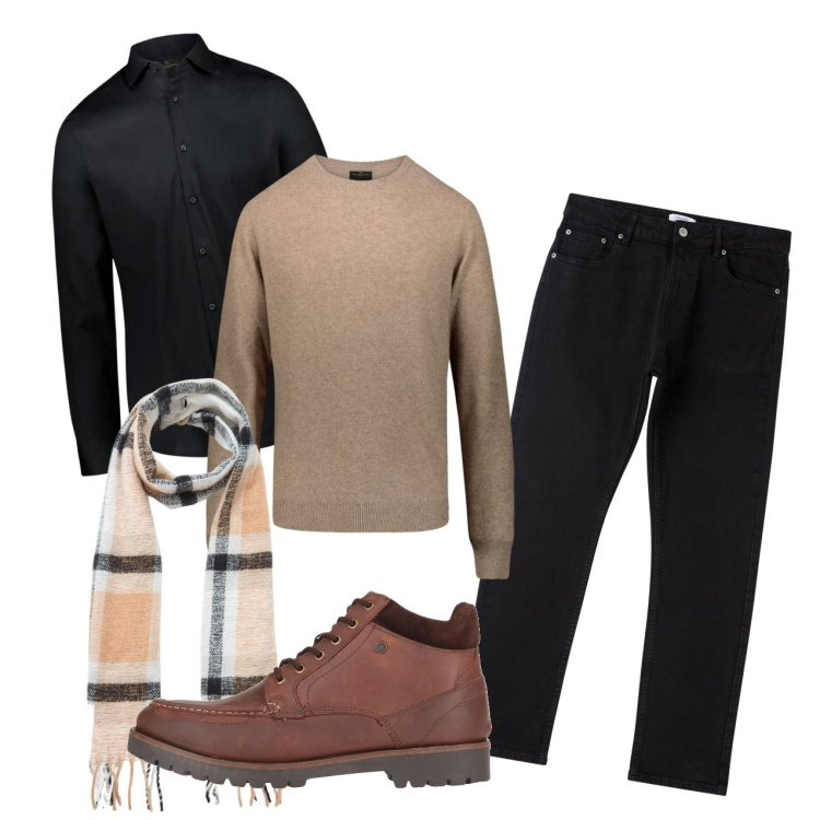 Outfit uomo - Nero e beige. Stile Trendy per Tutti i giorni. Abbinamento con stivali e stivaletti, sciarpe, pantaloni, camicie, maglieria.