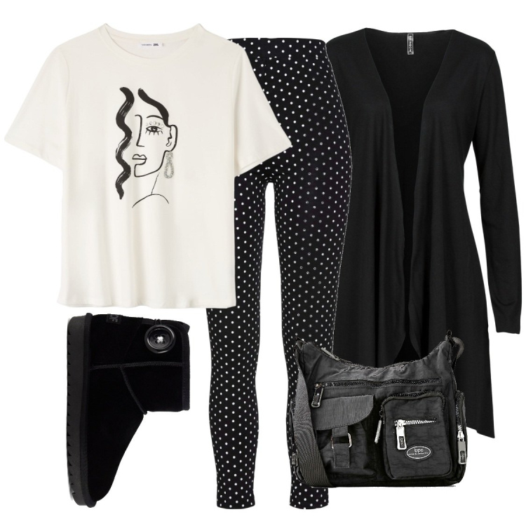 Outfit donna - Giornata di relax. Stile Casual per Tutti i giorni. Abbinamento con cardigans, leggings, borse a tracolla, t-shirt, stivali sopra il ginocchio.