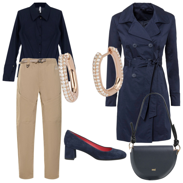 Outfit donna - In blu. Stile Casual chic per Tutti i giorni. Abbinamento con trench, borse a spalla, décolleté, orecchini, camicie, pantaloni.