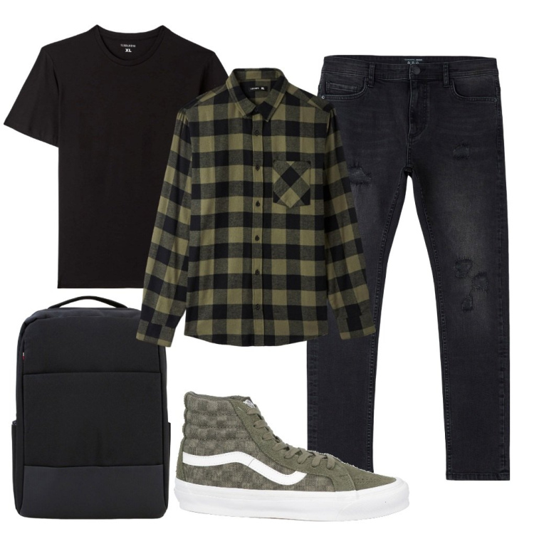 Outfit uomo - L\'amico di Filippo. Stile Urban per Tutti i giorni. Abbinamento con sneakers alte, jeans strappati, t-shirt, camicie, borse sportive.