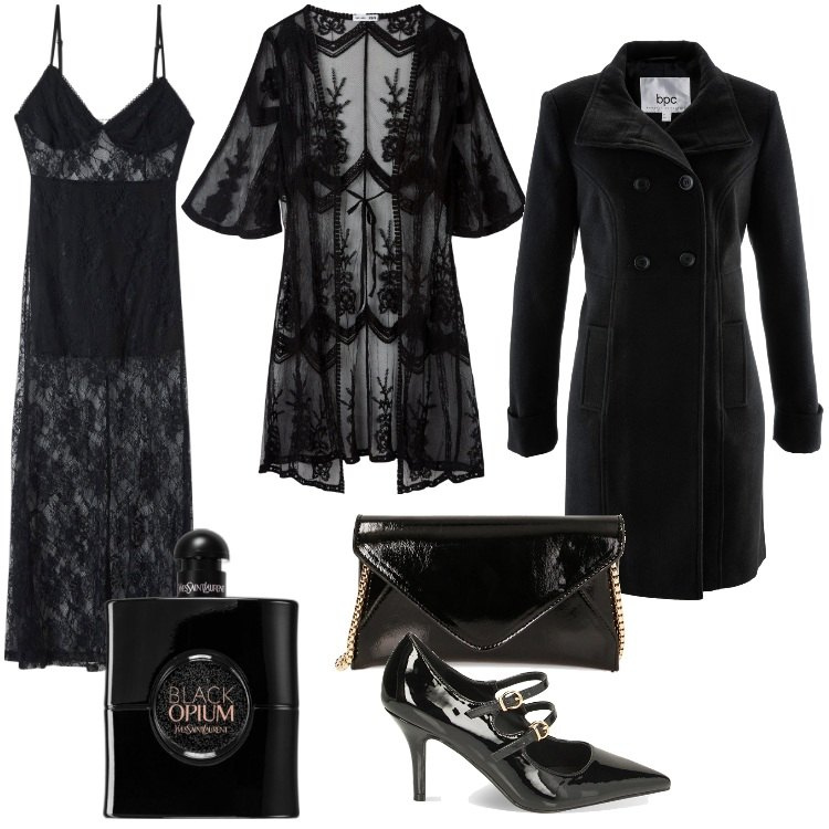Outfit donna - Be My Valentine-Gennaio. Stile Sexy per Serata fuori. Abbinamento con cappotti, profumi, vestiti lunghi, caftani, borse a tracolla, décolleté.