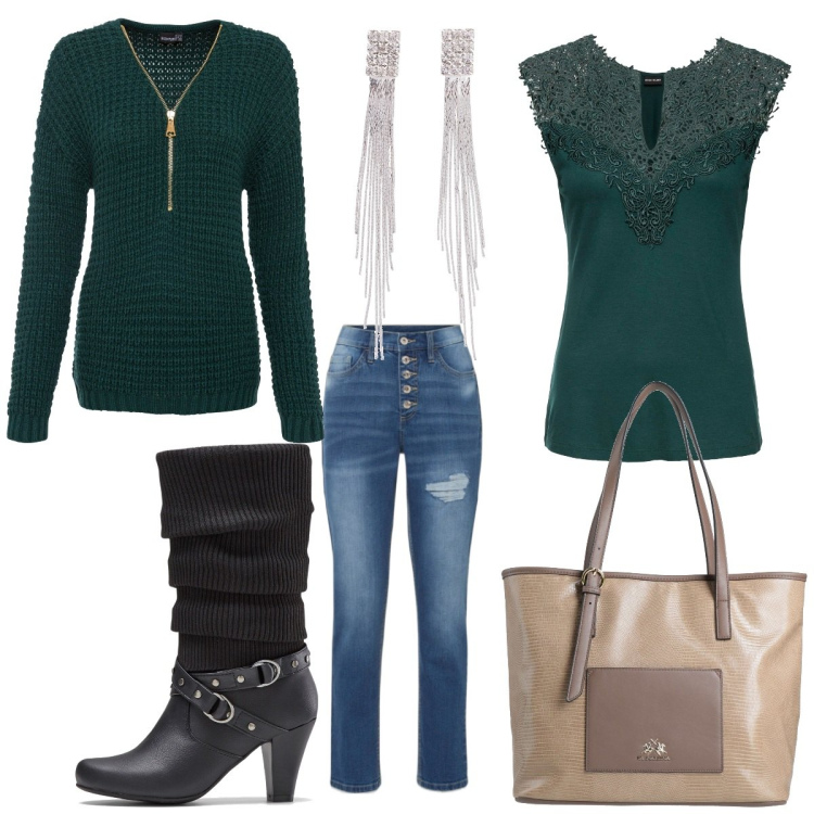 Outfit donna - Stasera cinema. Stile Casual chic per Serata fuori. Abbinamento con maglieria, stivali, orecchini, top, jeans boyfriend, borse a mano.