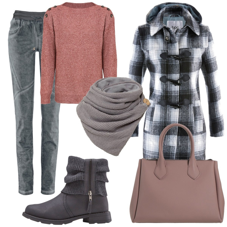 Outfit donna - Grey and pink. Stile Casual per Tutti i giorni. Abbinamento con stivaletti, foulard, maglieria, montgomery, pantaloni cargo, borse a mano.