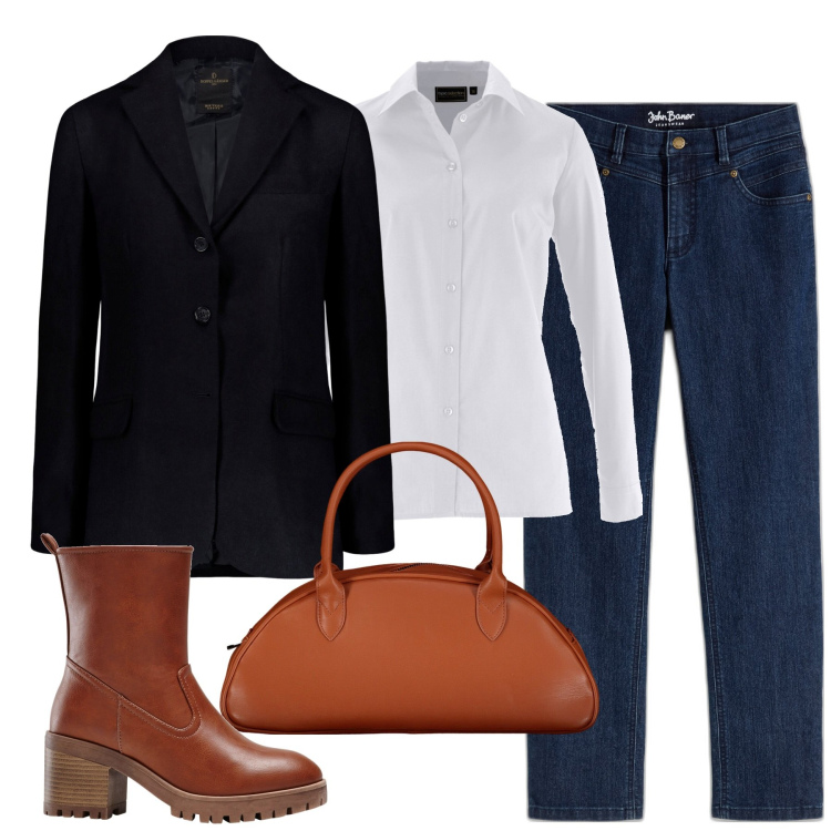 Outfit donna - City. Stile Mannish per Tutti i giorni. Abbinamento con camicie, stivaletti, jeans dritti, blazer, borse a spalla.