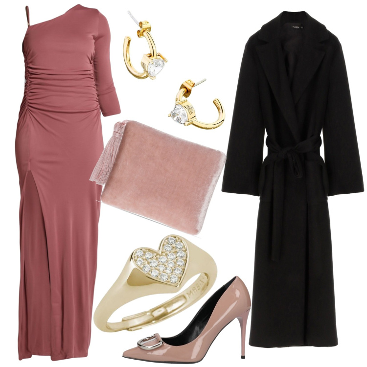 Outfit donna - Curvy, cena di San Valentino. Stile Glamour per Serata fuori. Abbinamento con vestiti lunghi, décolleté, orecchini, anelli, cappotti, pochette.