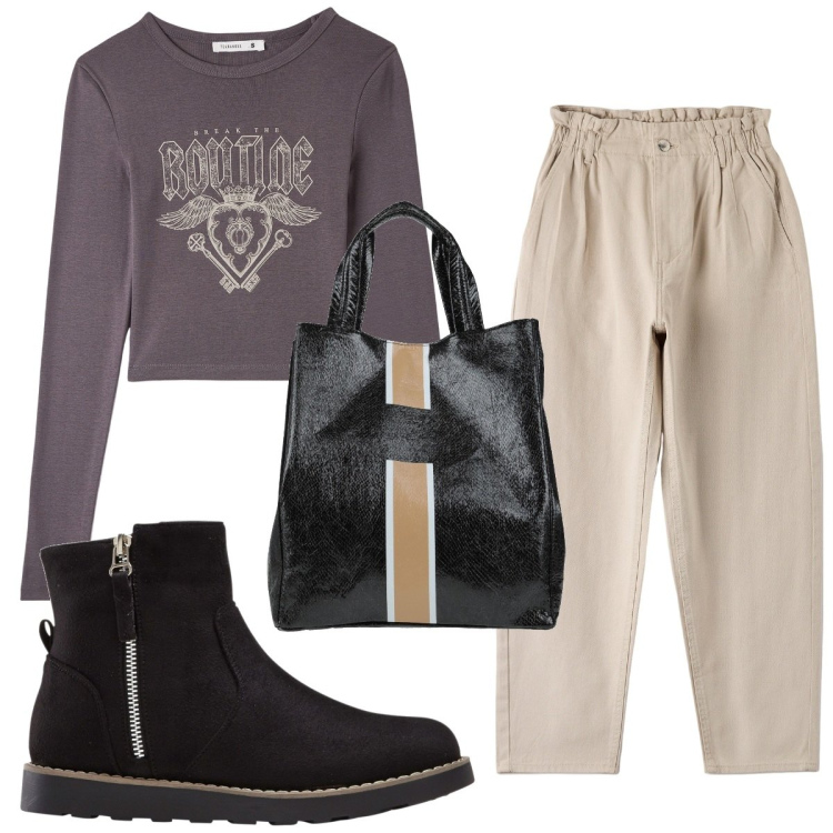 Outfit donna - Total look #1807641. Stile Basic per Sport. Abbinamento con stivaletti, borse a mano, pantaloni, t-shirt.
