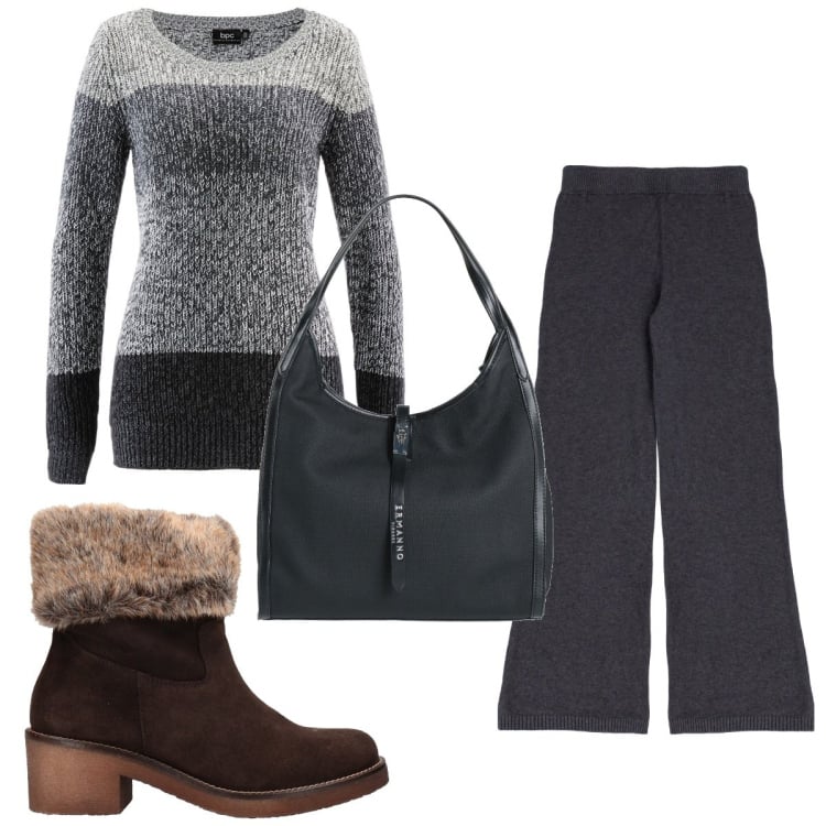 Outfit donna - Total look #1807647. Stile Trendy per Tutti i giorni. Abbinamento con borse a mano, stivaletti, maglieria, pantaloni a palazzo.