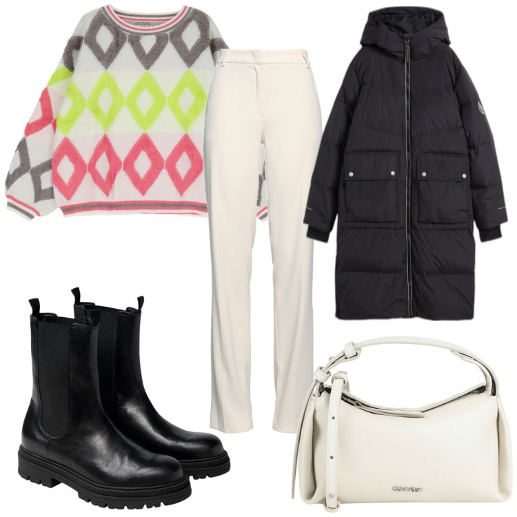 Outfit donna - Total look #1807658. Stile Trendy per Tutti i giorni. Abbinamento con piumini, pantaloni, borse a mano, felpe, stivaletti chelsea.