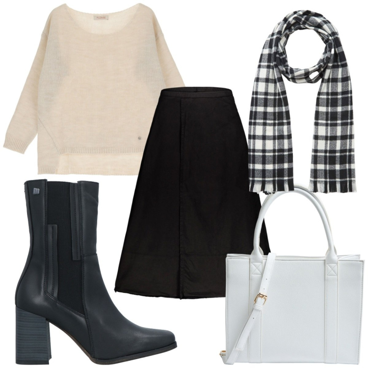 Outfit donna - Total look #1807659. Stile Trendy per Tutti i giorni. Abbinamento con stivaletti chelsea, shopping bag, sciarpe, maglieria, gonne lunghe.