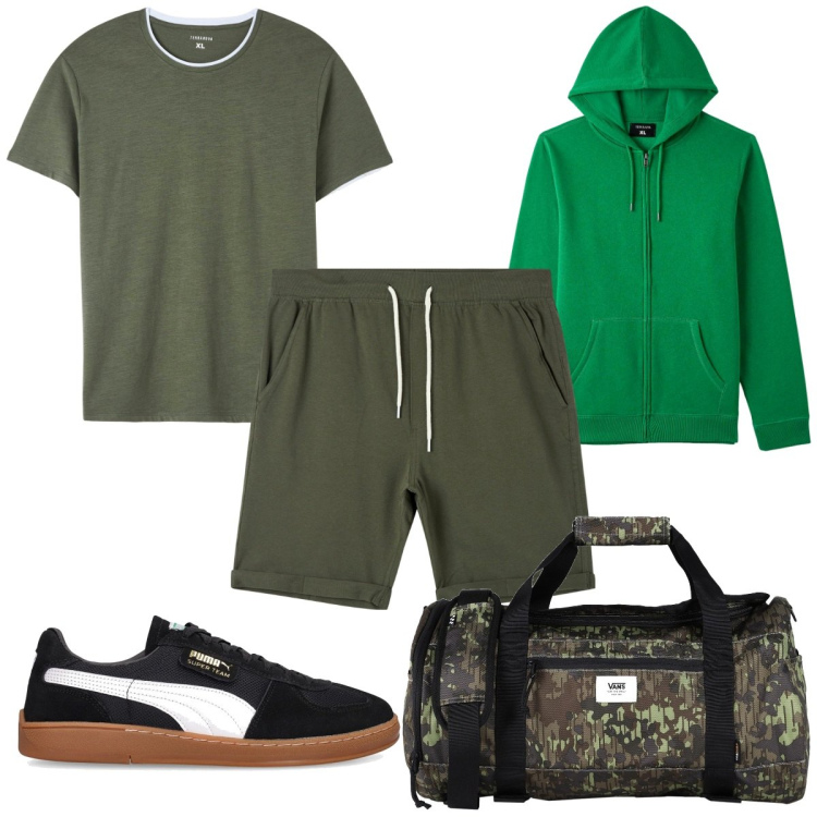 Outfit uomo - Total look #1807664. Stile Trendy per Sport. Abbinamento con borse sportive, t-shirt, shorts, felpe con cappuccio, sneakers.