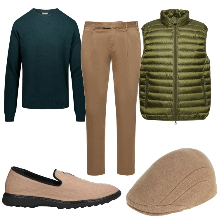 Outfit uomo - Total look #1807665. Stile Trendy per Tutti i giorni. Abbinamento con cappelli, scarpe stringate, maglieria, piumini, pantaloni.