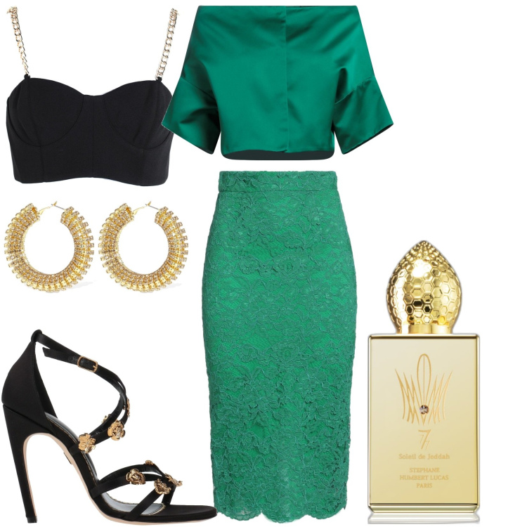 Outfit donna - Total look #1807669. Stile Glamour per Tutti i giorni. Abbinamento con gonne longuette, blazer, top, sandali in pelle, profumi, orecchini.