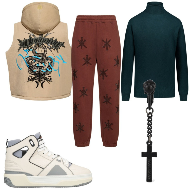 Outfit uomo - Total look #1807670. Stile Urban per Tutti i giorni. Abbinamento con sneakers alte, maglieria, pantaloni, gilet, orecchini.