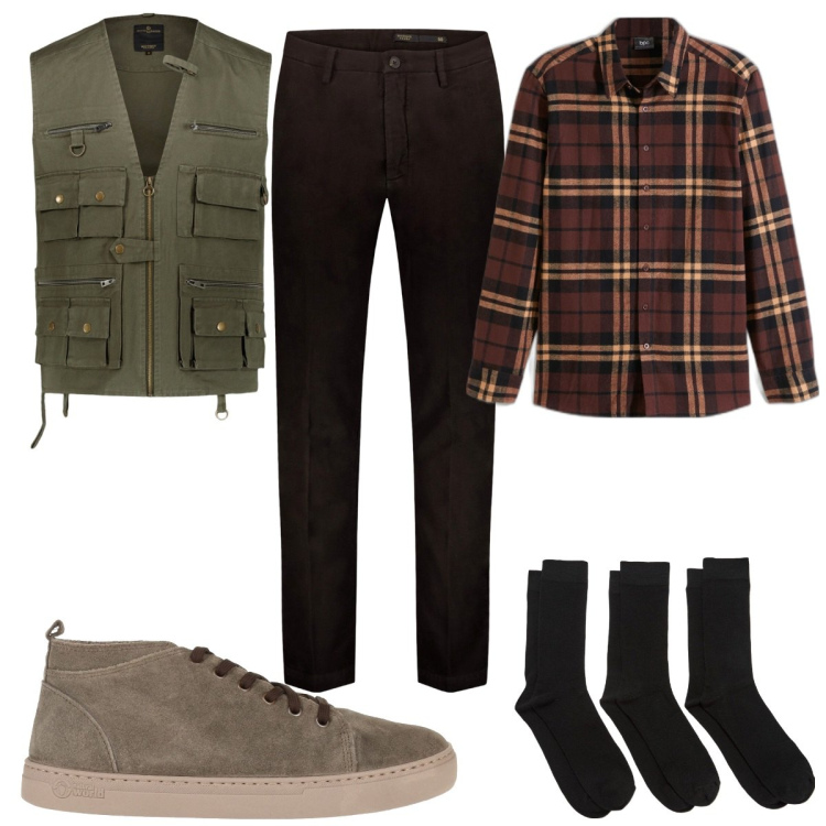 Outfit uomo - Total look #1807672. Stile Trendy per Tutti i giorni. Abbinamento con sneakers alte, camicie, gilet, pantaloni, calzini.