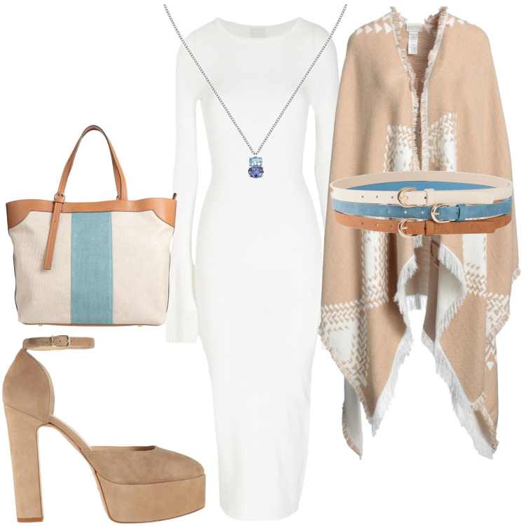 Outfit donna - Total look #1807678. Stile Casual chic per Tutti i giorni. Abbinamento con cinture, décolleté, cappe, vestiti midi/longuette, ciondoli, borse a mano.