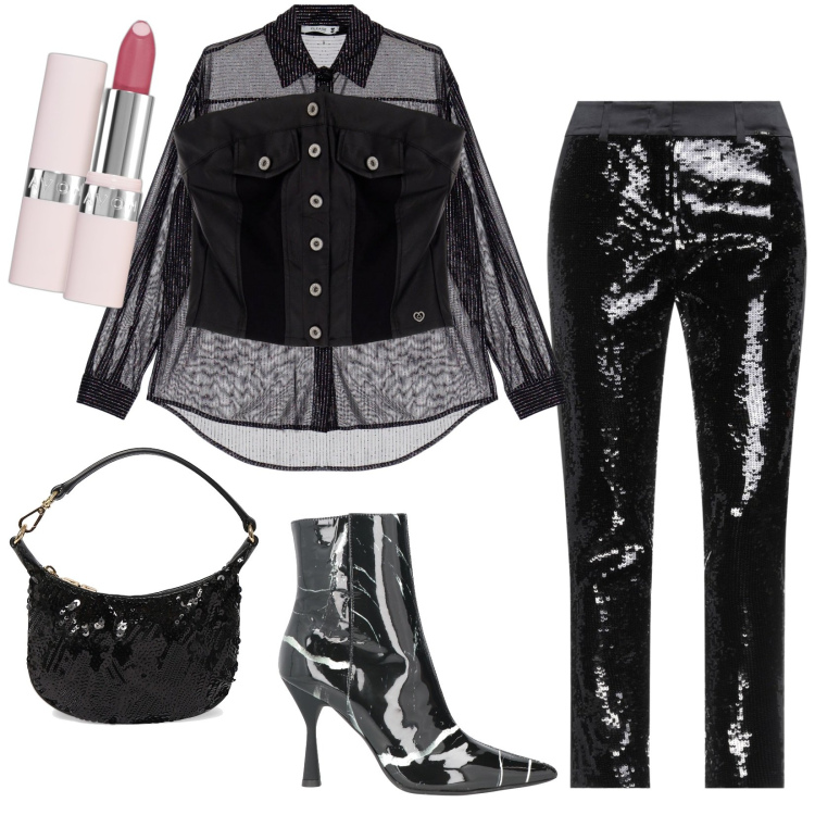 Outfit donna - Total look #1807684. Stile Trendy per Serata fuori. Abbinamento con pantaloni, stivaletti, rossetti, top, camicie, pochette.