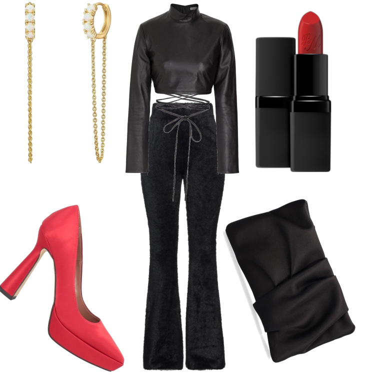 Outfit donna - Total look #1807685. Stile Trendy per Serata fuori. Abbinamento con pantaloni, décolleté, top, orecchini, rossetti, pochette.