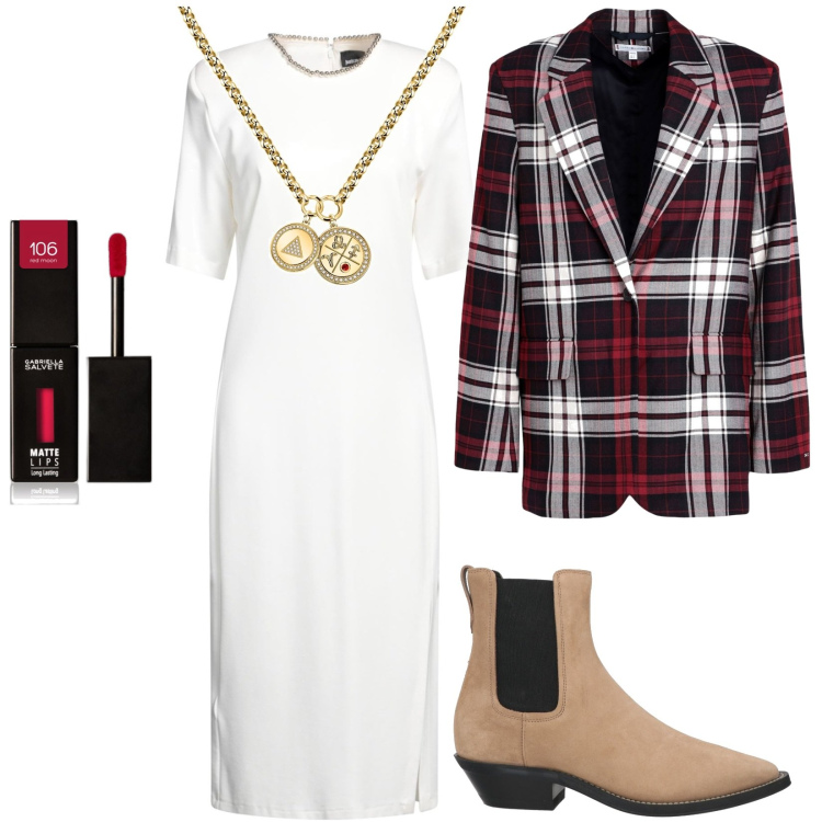 Outfit donna - Total look #1807694. Stile Urban per Tutti i giorni. Abbinamento con vestiti midi/longuette, blazer, stivaletti chelsea, collane, rossetti.