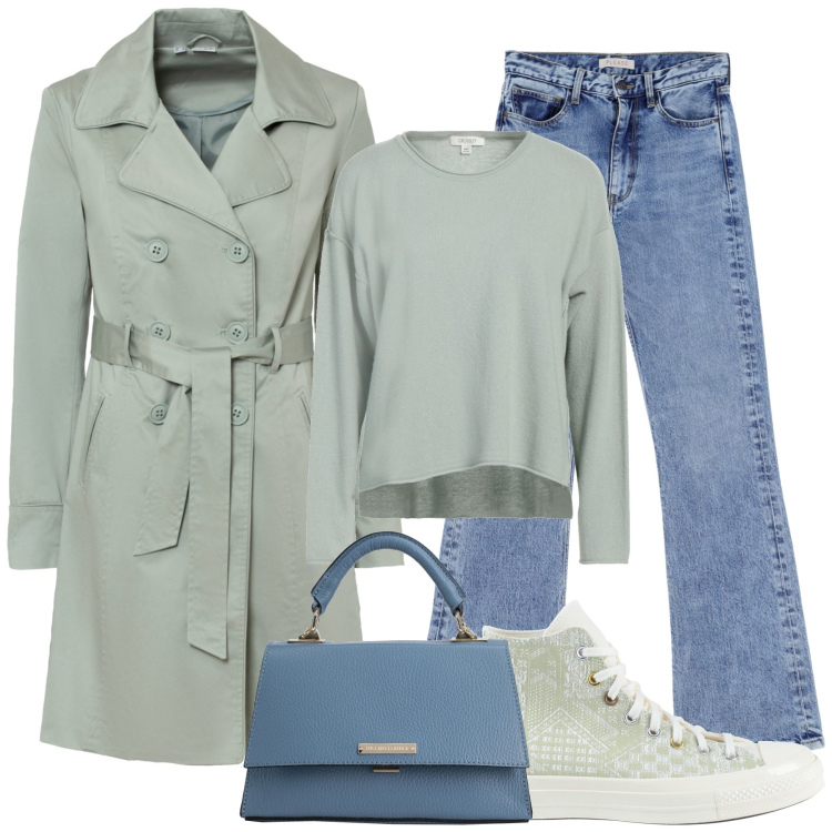 Outfit donna - Pensando alla primavera. Stile Casual chic per Tutti i giorni. Abbinamento con trench, sneakers alte, pullovers, borse a mano, jeans dritti.