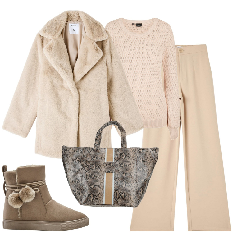 Outfit donna - City. Stile Minimal per Tutti i giorni. Abbinamento con maglieria, stivaletti, borse a mano, pantaloni, ecopellicce.