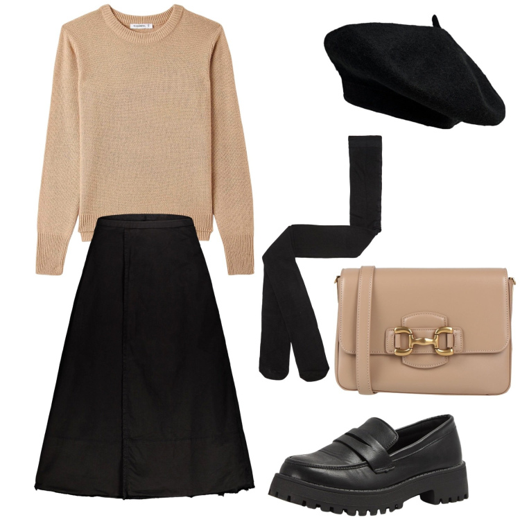 Outfit donna - Total look #1807730. Stile Preppy per Scuola/Università. Abbinamento con borse a tracolla, collant, maglieria, mocassini, gonne lunghe, cappelli e berretti.