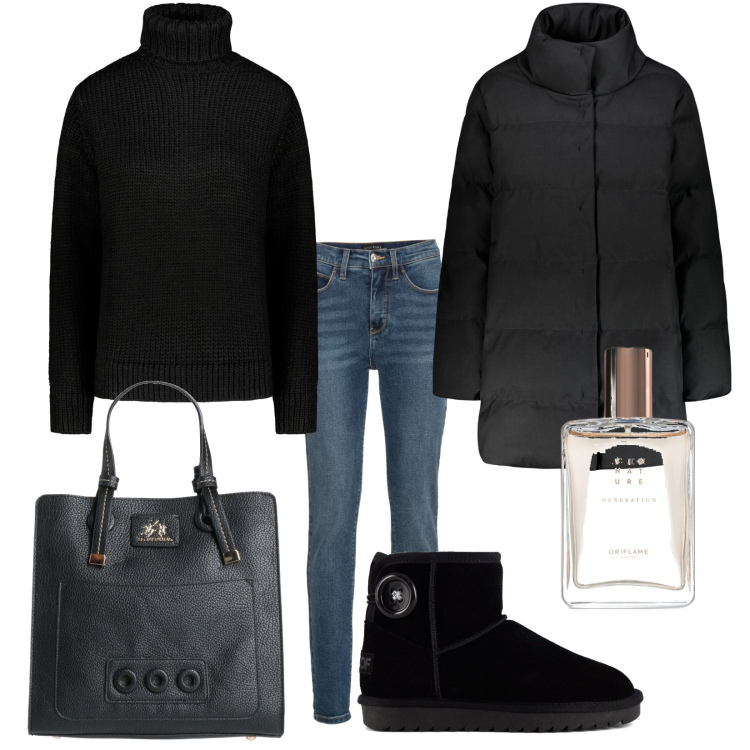 Outfit donna - Total look #1807732. Stile Casual chic per Tutti i giorni. Abbinamento con jeans skinny, borse a mano, profumi, piumini, maglieria, stivali sopra il ginocchio.