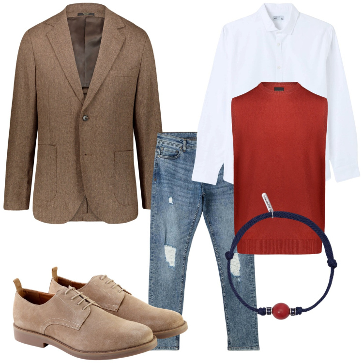 Outfit uomo - Total look #1807733. Stile Trendy per Serata speciale. Abbinamento con jeans strappati, camicie, braccialetti, gilet, scarpe stringate, giacche.
