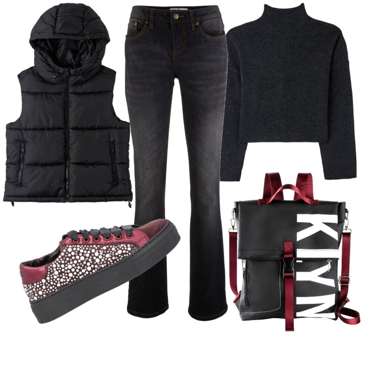 Outfit donna - La sneakers coi glitter. Stile Casual per Scuola/Università. Abbinamento con jeans bootcut, zaini, sneakers, piumini, maglieria.