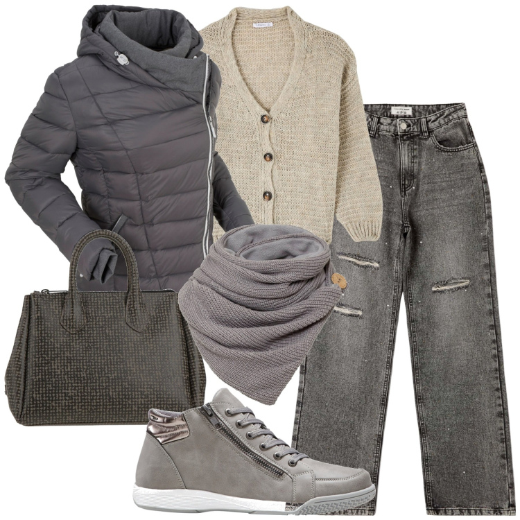 Outfit donna - City. Stile Urban per Tutti i giorni. Abbinamento con sneakers alte, foulard, giacche, borse a mano, cardigans, jeans strappati.