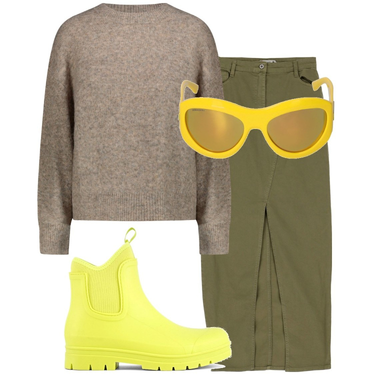 Outfit donna - Ecc. Stile Casual per Tutti i giorni. Abbinamento con gonne lunghe, maglieria, stivali, occhiali da sole.