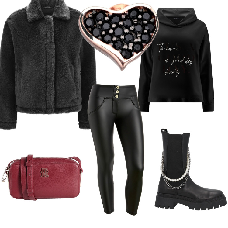 Outfit donna - Outfit giovanile per una serata. Stile Sporty chic per Serata fuori. Abbinamento con orecchini, borse a tracolla, stivaletti chelsea, pantaloni skinny, cappotti, felpe con cappuccio.
