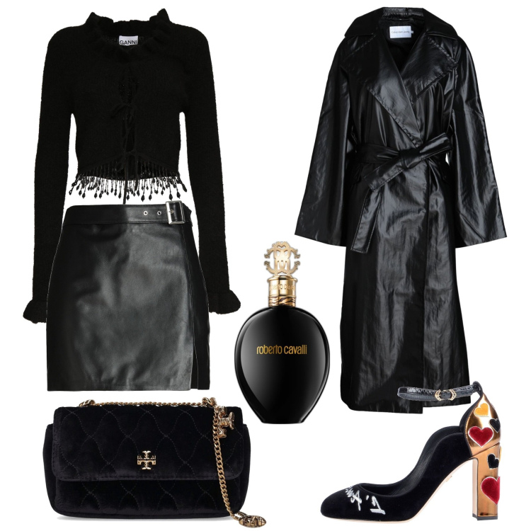 Outfit donna - Romantico nero. Stile Romantica per Serata fuori. Abbinamento con décolleté, cappotti, minigonne, profumi, maglieria, borse a spalla.
