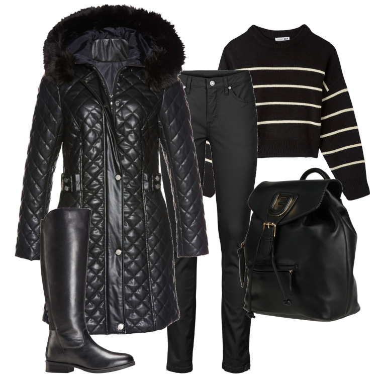 Outfit donna - City. Stile Urban per Tutti i giorni. Abbinamento con jeans, cappotti, stivali, zaini, maglieria.
