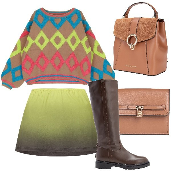 Outfit donna - A scuola. Stile Preppy per Scuola/Università. Abbinamento con stivali, portamonete, zaini, felpe, minigonne.