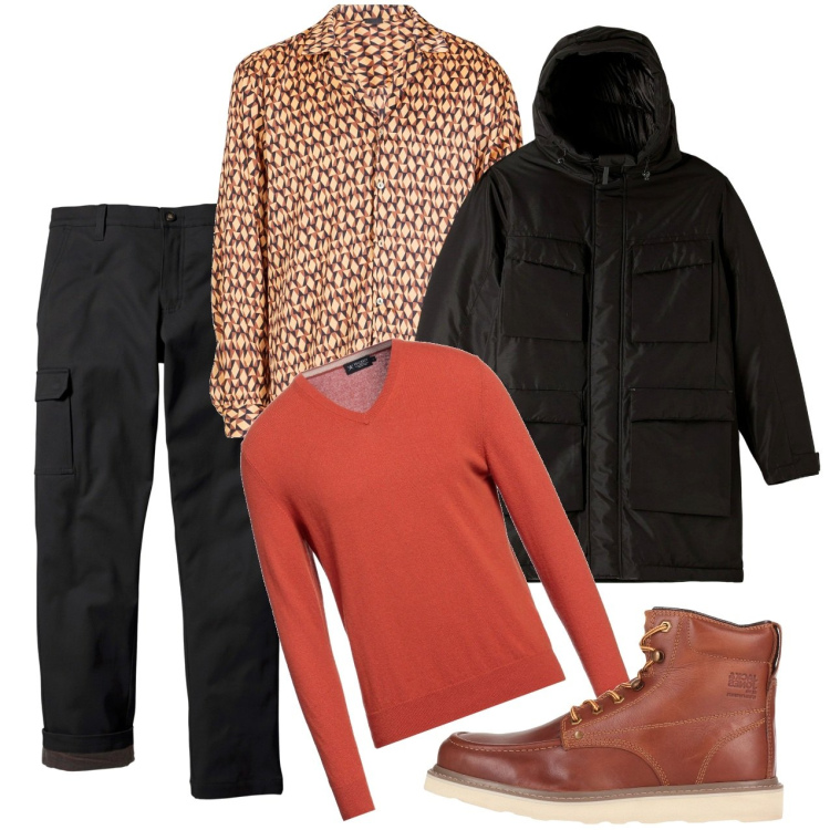 Outfit uomo - Un tocco di arancio. Stile Casual per Tutti i giorni. Abbinamento con pantaloni cargo, stivali e stivaletti, pullovers, camicie, parka.