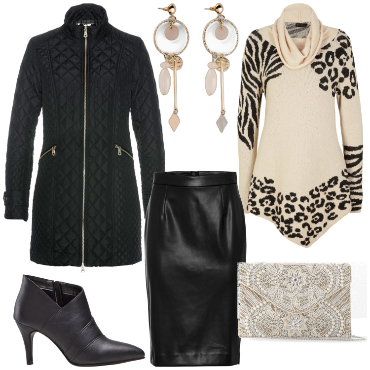 Outfit donna - Una serata speciale.... Stile Casual chic per Serata fuori. Abbinamento con blazer, pochette, orecchini, maglieria, gonne longuette, stivaletti.