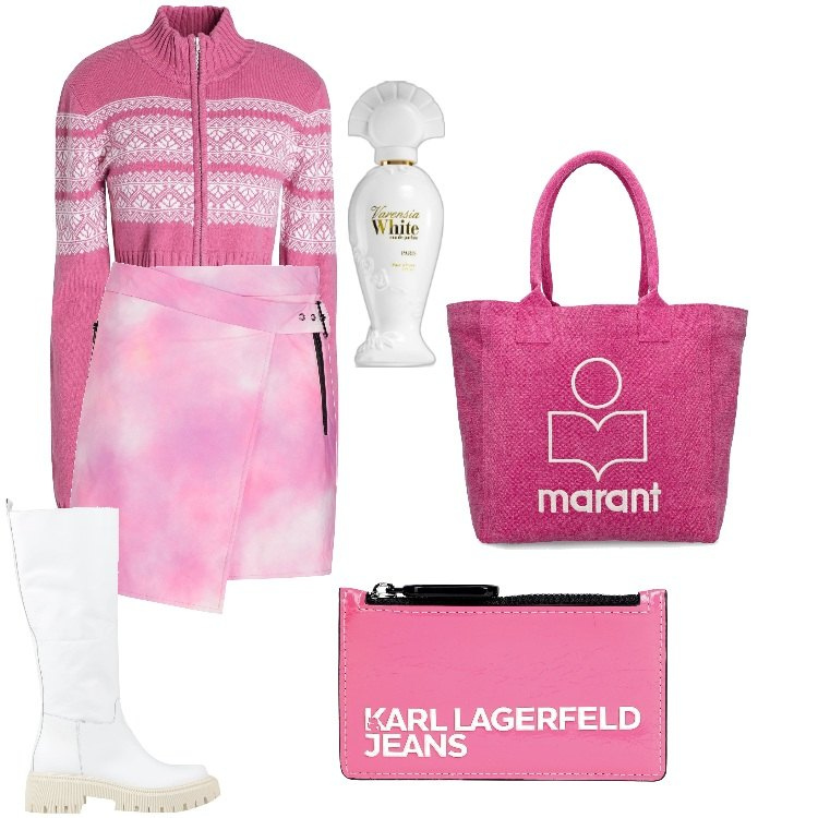 Outfit donna - Bianco e rosa. Stile Trendy per Tutti i giorni. Abbinamento con minigonne, stivali, cardigans, portamonete, profumi, shopping bag.