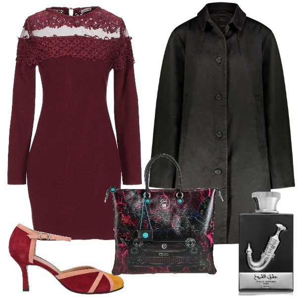 Outfit donna - Grigio e burgundy. Stile Trendy per Ufficio. Abbinamento con vestiti corti, borse a mano, décolleté, profumi, blazer.