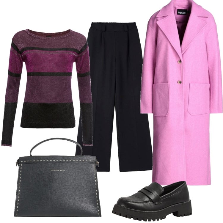 Outfit donna - Il cappotto rosa shocking. Stile Glamour per Ufficio. Abbinamento con maglieria, cappotti, borse a mano, pantaloni, mocassini.