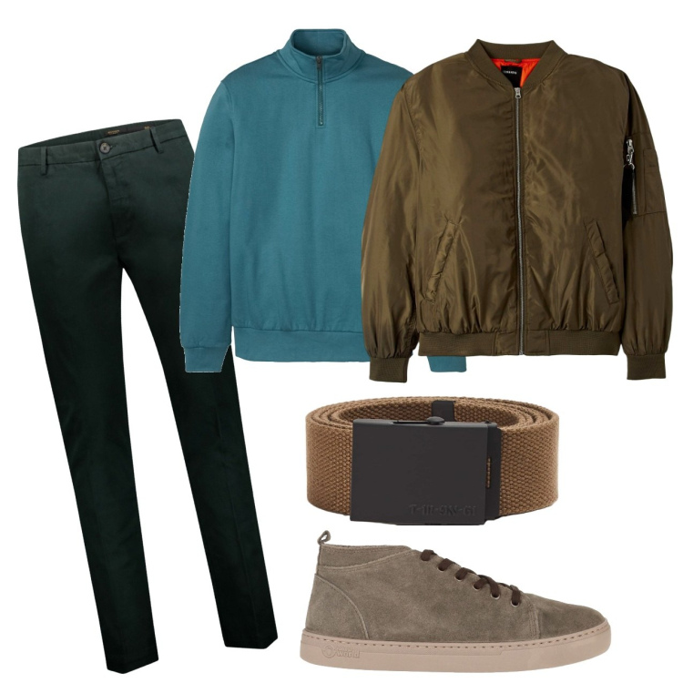 Outfit uomo - Verdi. Stile Casual per Tutti i giorni. Abbinamento con felpe, sneakers alte, bomber, cinture, pantaloni.